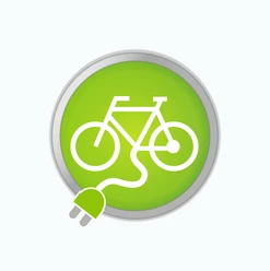 E-Bike-Ladestation Symbol eines elektrischen Fahrrads mit Ladestecker auf grünem Hintergrund.