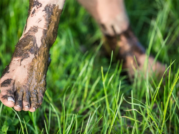 fuss-barfusspark-gras Ein nackter Fuß steht im grünen Gras, bedeckt mit natürlichem, heilendem Moor.