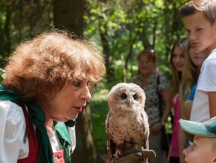 greifvogelgehege-bispingen Frau präsentiert Kindern einen Greifvogel