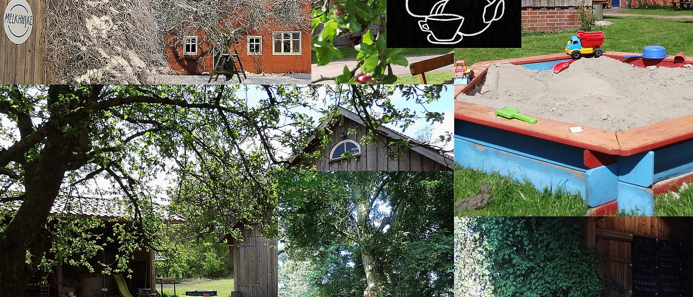 Melkhuske Schatteburg, Gemeinde Rhauderfehn, Ostfriesland Collage mit Bildern eines ländlichen Hofs: blühende Bäume, ein Schild Melkhuske Schatensberg, ein Sandkasten mit Spielzeug, eine Holzbank mit Tisch im Garten, eine Schaukel an einem Baum und ein Sitzbereich mit zwei Stühlen vor einer mit Efeu bewachsenen Wand.