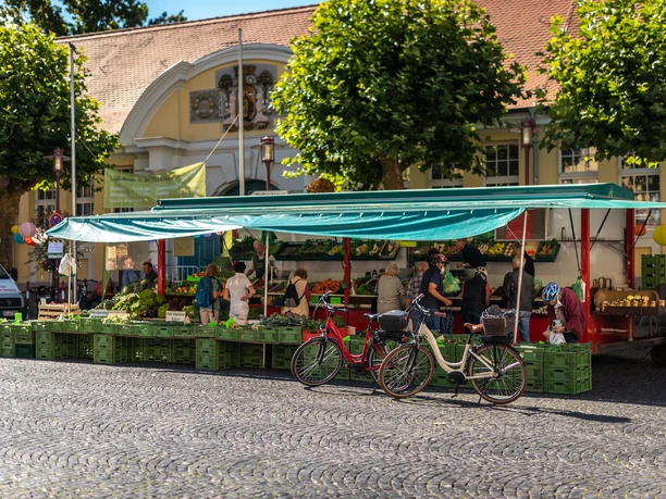 Markthalle_Herford_6.8.22_023.jpg Markt mit grünen Ständen, frischem Obst und Gemüse im Freien, Fahrräder im Vordergrund.