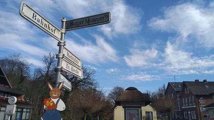 Marktplatz Burg/Dithmarschen Wegweiser am Markt vor Häusern, blauem Himmel