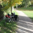 Zwei Fahrräder stehen an einem Schotterweg in einem herbstlichen Park, umgeben von Bäumen.