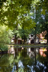 Dorfteich in Vrees Fachwerkhaus am Teich mit Enten, umgeben von alten Bäumen und Spiegelungen im Wasser