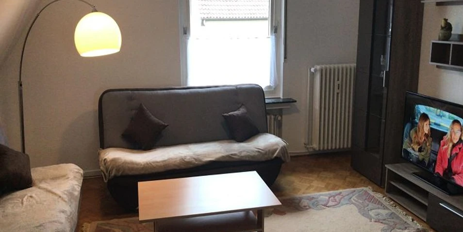 Wohnbereich Wohnzimmer mit zwei Sofas, hellem Teppich, Fernseher an der Wand und einer Stehlampe.