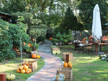 Kürbishof Sprengel Gartenweg mit Kürbissen in Holzkisten, grünen Sträuchern und Sitzbereich mit Tisch und Sonnenschirm