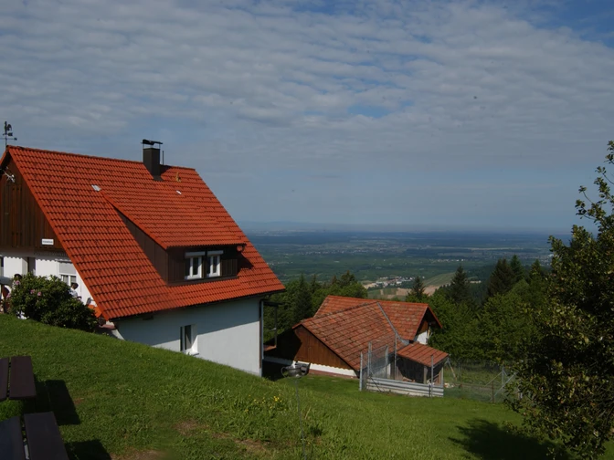 Ein kleines weißes Haus mit roten Ziegeln, davor ein kleiner Berg mit Rasen