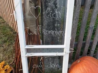 Alte Fensterscheibe als Willkommens-Deko mit Kürbis und gelben Blumen