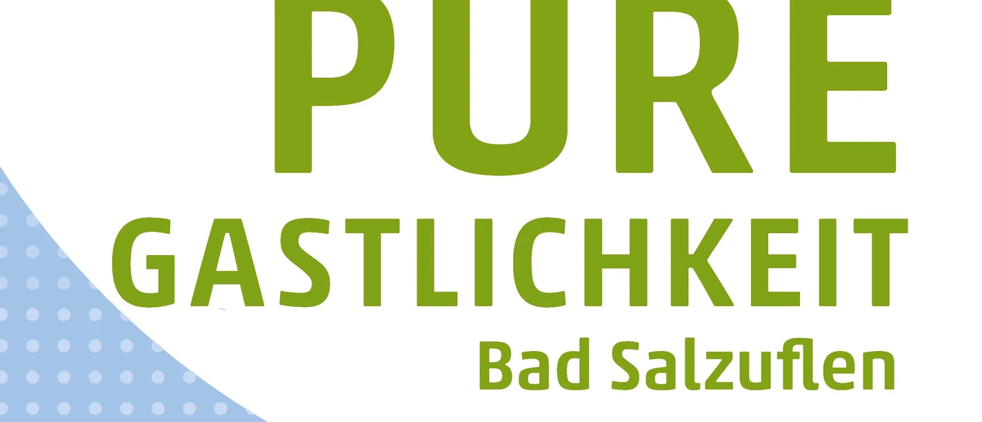 Logo „Pure Gastlichkeit Bad Salzuflen“ in Grün mit blauem Punktmuster
