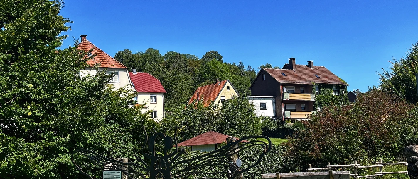 Fotospot Libelle_ Niklas Hecker Eine Metallskulptur einer Libelle steht auf einer grünen Wiese, umgeben von Häusern und Bäumen.
