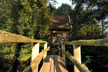 bargfreed-mit-bruecke Eine alte Holzbrücke führt über Wasser zum historischen Gebäude Bargfreed zwischen Bäumen.