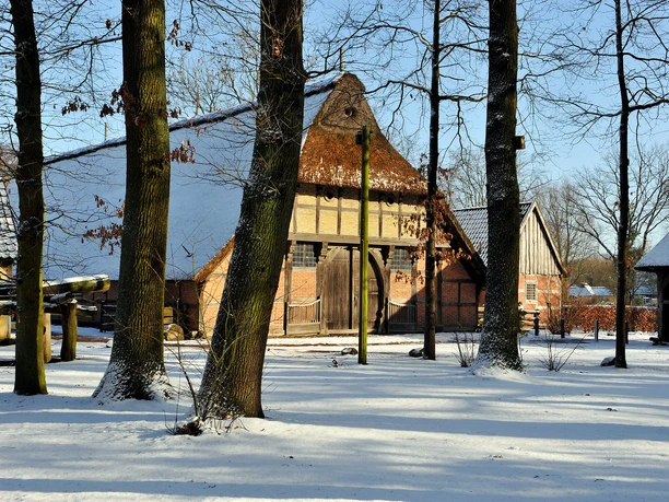 freilichtmuseum-schnee Historische Fachwerkhäuser des Freilichtmuseums Bad Zwischenahn im Schnee, umgeben von Bäumen bei Wintersonne.