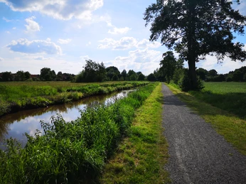 Oll Wiek, Sommer, Landschaftspfad, Rhauderfehn, Ostfriesland Landschaft mit schmalem Wassergraben links und schmalem Weg rechts, umgeben von grünen Wiesen und Bäumen unter blauem Himmel mit Wolken