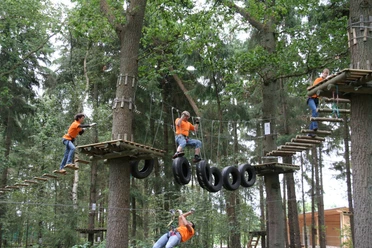 Kletterwald Mensen klimmen op spannende touwconstructies in een bos en beleven een avontuur.