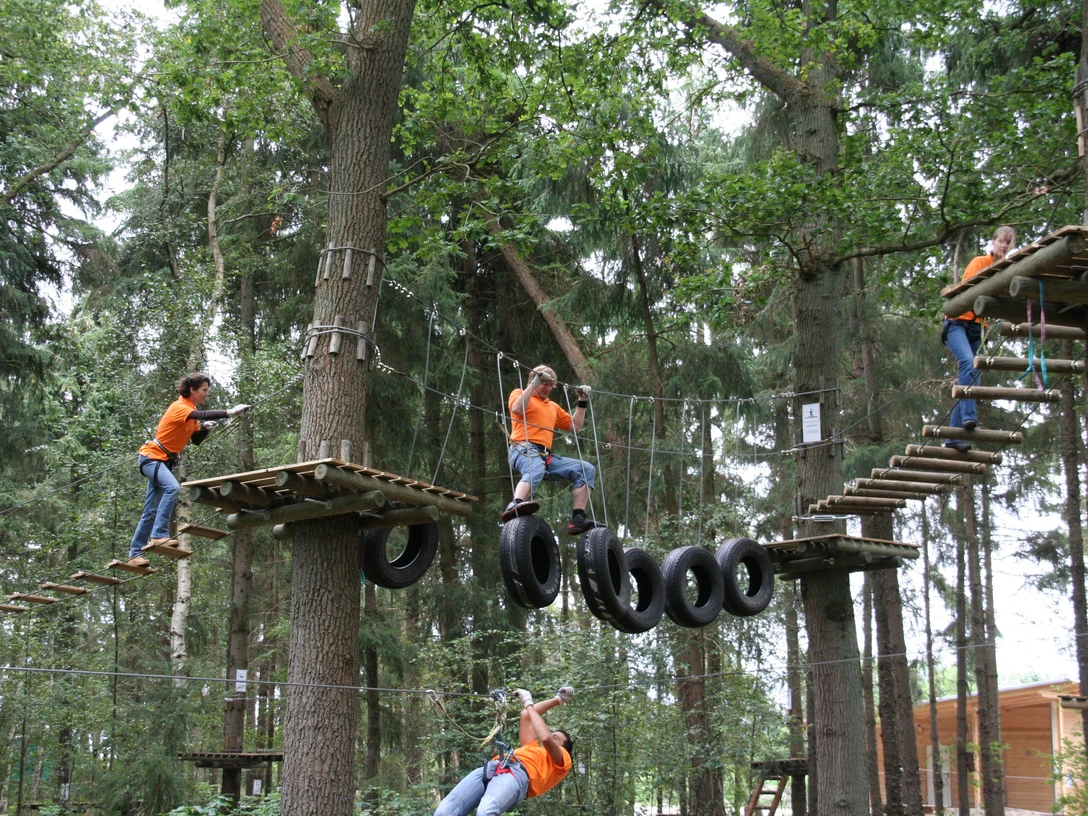 Kletterwald Menschen klettern in einem Wald auf spannenden Seilkonstruktionen und genießen ein Abenteuer.People climb on exciting rope constructions in a forest and enjoy an adventure.Folk klatrer på spændende rebkonstruktioner i en skov og nyder et eventyr.Mensen klimmen op spannende touwconstructies in een bos en beleven een avontuur.