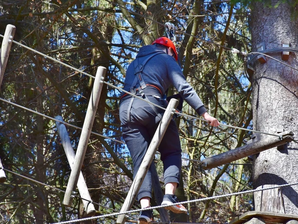 Kletterwald Ein Mensch klettert im Kletterwald auf einem Seilparcours zwischen Bäumen.