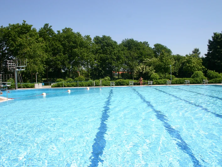 Freibad Ein großes, glitzerndes Freibad mit türkisblauem Wasser, umgeben von üppigem Grün.