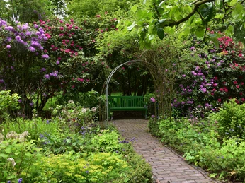 Heinrich Kunst Haus Ein blumiger Garten mit einem grünen Torbogen und einer dahinterliegenden Bank.
