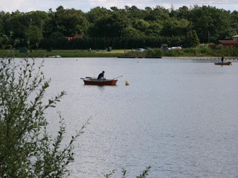 Almsee Auf dem ruhigen See paddelt ein Boot zwischen grünen Ufern und Bäumen unter einem klaren Himmel.