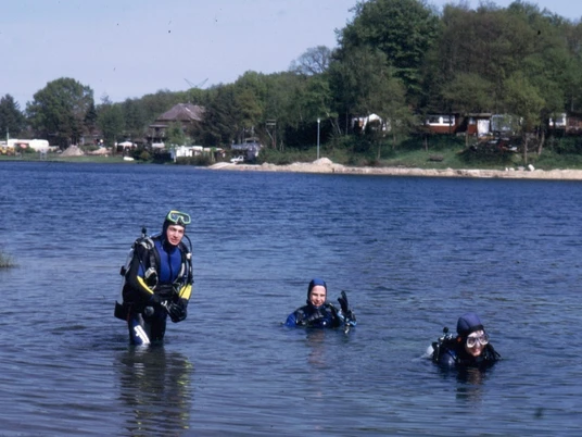 Taucher Drei Taucher in voller Ausrüstung waten durch einen ruhigen See, umgeben von Wald und Uferhäusern.