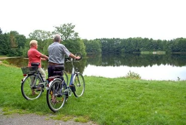 Demonstrationswald Zwei Radfahrende blicken am Waldrand auf einen stillen See mit dichter grüner Baumkulisse.