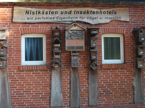 herbrumer-naturgarten-14-emsland-tourismus-christina-poll_mini Rote Backsteinwand mit mehreren Nistkästen und Insektenhotels aus Holz zwischen zwei Fenstern.