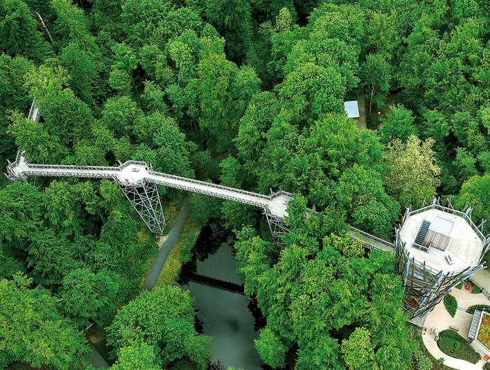 Baumwipfelpfad Bad Iburg Op het boomkroonpad in Bad Iburg (Duitsland) kun je op bijna 30 meter hoogte door het bos wandelenBaumwipfelpfad über dichtem, grünen Wald mit Aussichtsturm und Holzstege.Treetop trail above dense, green forest with viewing tower and wooden walkways.Vandring i trætoppene over tæt, grøn skov med udsigtstårn og gangbroer af træ.