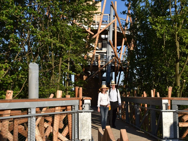 Baumwipfelpfad Bad Iburg Wooden walkway leads to a viewing tower in the middle of green trees, two people in the foreground.