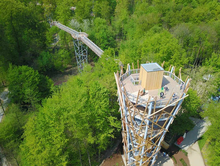 Baumwipfelpfad Bad Iburg Aussichtsturm aus Holz in einem dichten, grünen Wald mit Besucherplattform und Gehweg.Wooden observation tower in a dense, green forest with visitor platform and walkway.Udsigtstårn i træ i en tæt, grøn skov med besøgsplatform og gangbro.Houten uitkijktoren in een dicht, groen bos met bezoekersplatform en loopbrug.
