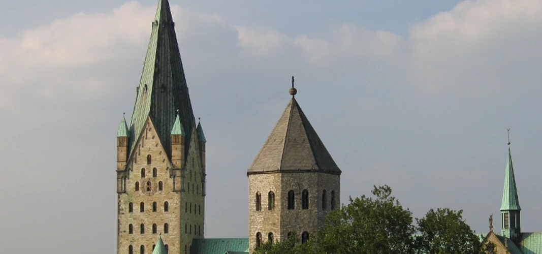 Zwei gotische Kirchtürme erheben sich eindrucksvoll gegen einen blauen Himmel, umgeben von Bäumen.