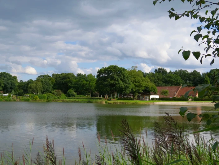 Strand vom Campingplatz Vor einem sanft wellenden Gewässer liegt ein idyllischer Campingplatz, umrahmt von üppigem Grün.