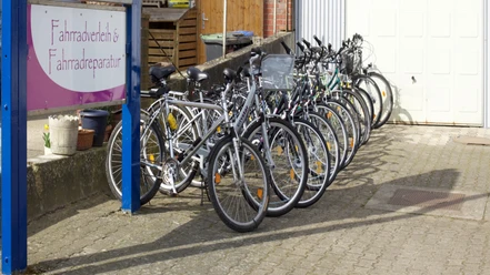 Auswahl der Fahrräder Eine lange Reihe von weißen Fahrrädern steht schräg nebeneinander auf einem gepflasterten Hof. Links ist ein Schild mit der Aufschrift "Fahrradverleih & Fahrradreparatur" sichtbar.