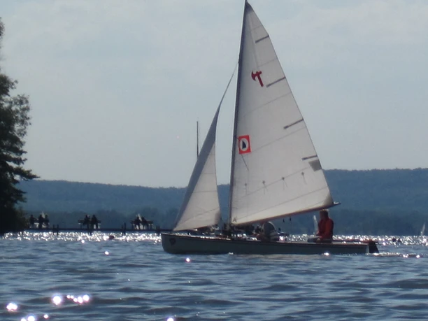 Sommerfeeling auf dem Steinhuder Meer Segelboot mit weißen Segeln gleitet über das glitzernde Wasser des Steinhuder Meers, ein idyllisches Sommerbild.