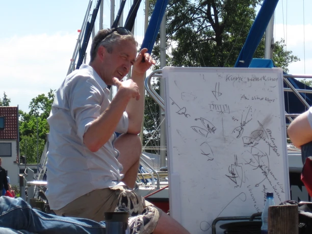 Segelunterricht mit Holger Stintat Holger Stintat zeigt Segelschülern theoretische Grundlagen auf einer Tafel im Freien.