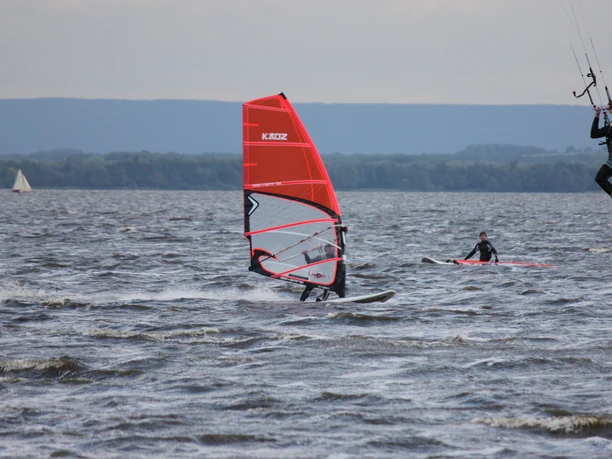 Surfers Paradise Am Steinhuder Meer surfen mehrere Sportler auf windgepeitschtem Wasser.