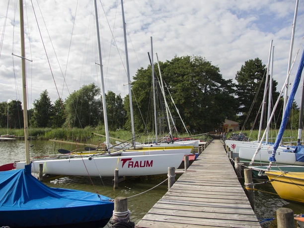 Steggemeinschaft Steg N17 + N18 mit Blick auf den Uferweg Auf einem Holzsteg sind Segelboote vertäut, flankiert von üppigem Grün und einem klaren Himmel. Ein friedlicher Anblick am Uferweg.