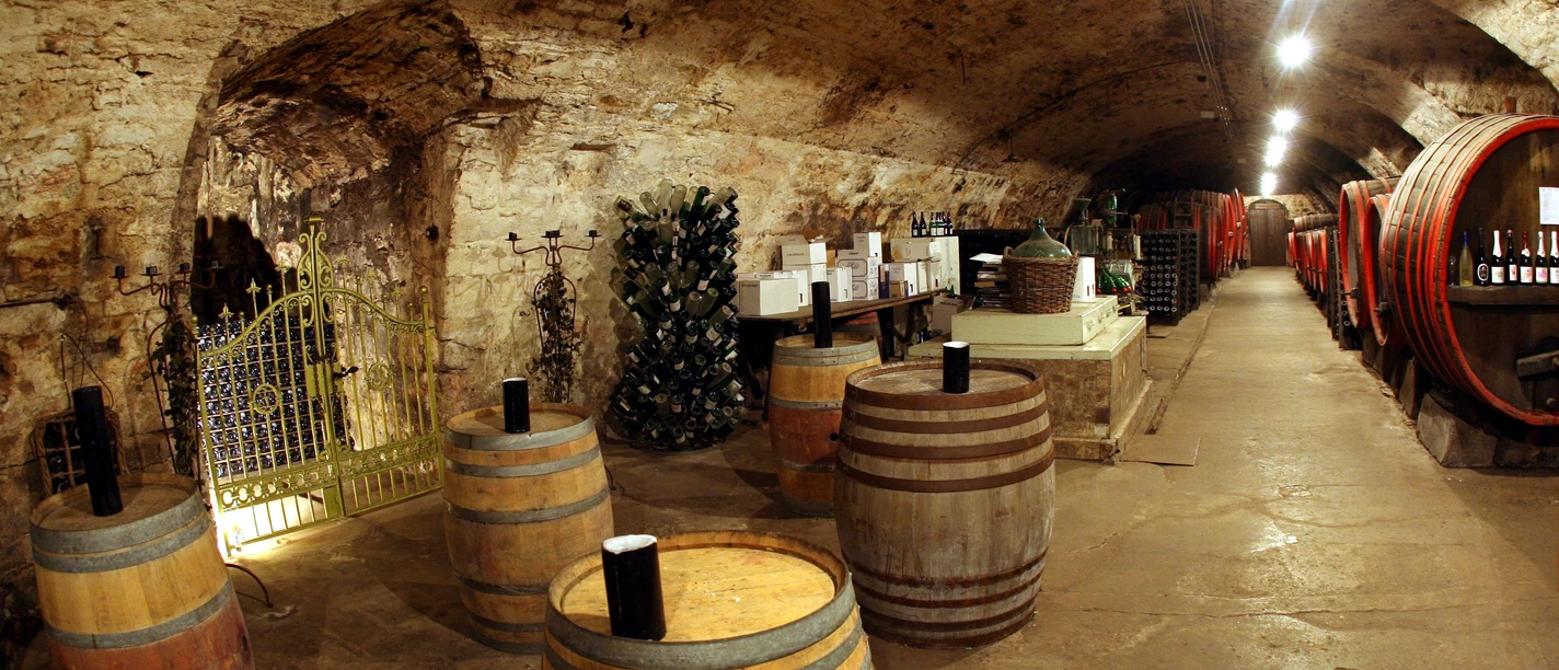 Sektkellerei Duprès A rustic wine cellar with several wooden barrels, an open gate and decorative lighting effects.