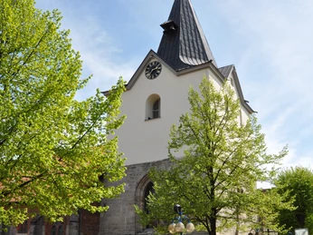 Gothische Kirche mit spitzem Turm vor blauem Himmel, umgeben von grünen Bäumen und Kopfsteinpflaster.