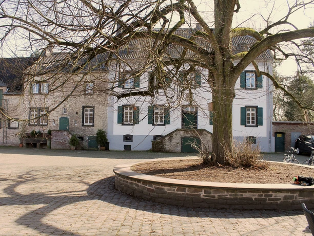 Lindenhof Ein historisches Steingebäude mit grünen Fensterläden und einem weitläufigen, gepflasterten Hof mit einem großen, kahlen Baum im Vordergrund.