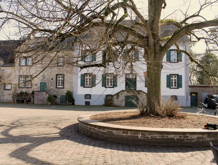 Lindenhof Ein historisches Steingebäude mit grünen Fensterläden und einem weitläufigen, gepflasterten Hof mit einem großen, kahlen Baum im Vordergrund.A historic stone building with green shutters and a spacious, cobbled courtyard with a large, bare tree in the foreground.