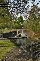 Neustadt Erichsberg Ein runder, von Bäumen gesäumter Teich vor einem alten Steinbogen in ruhiger naturnaher Umgebung.