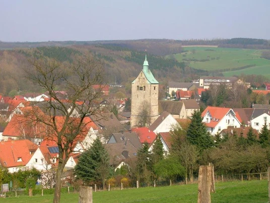 Blick über die Dächer von Neuenbeken auf den steinernen Turm der Pfarrkirche St. Marien.