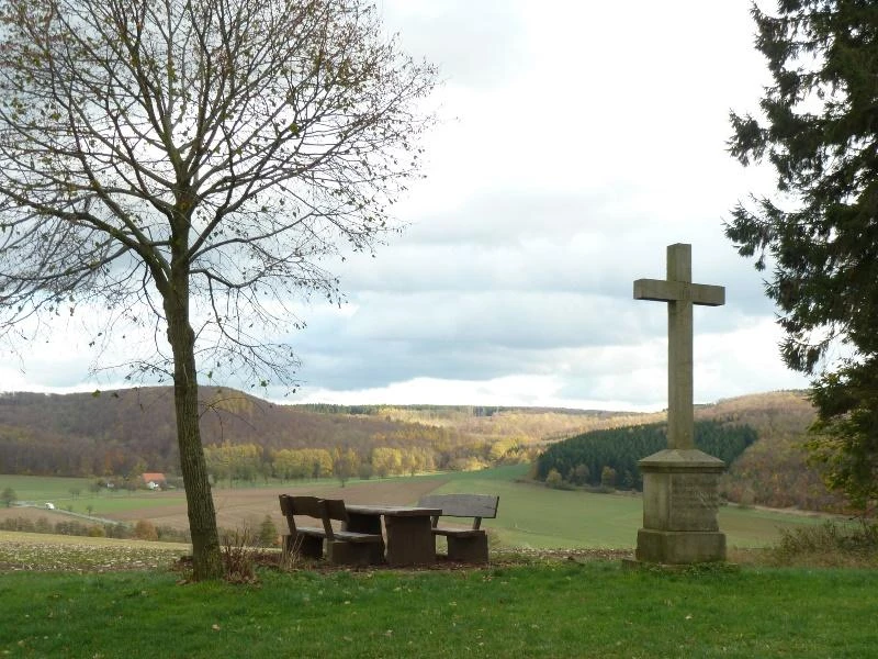 Turmberg bei Paderborn-Dahl Gedenkkreuz und Picknickbank neben einem kahlen Baum, mit Blick auf weite, hügelige Landschaft.