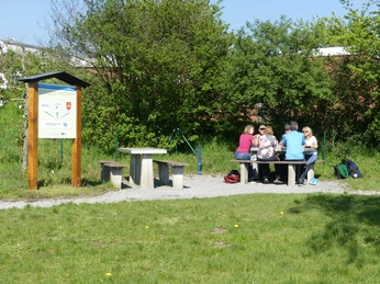Rastplatz beim Trinkwasser-Lehrpfad Rastplatz neben Infotafel und Holzbänken, umgeben von grüner Wiese und Büschen, Personen sitzen.