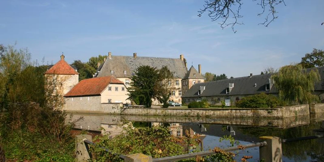 Historische Wasserschlossanlage mit Hauptgebäude, Nebengebäuden, umgeben von einem Wassergraben.