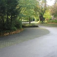 Der Parkplatz am Friedhof ist umgeben von herbstlichem Laub und bietet ausreichend Stellfläche.