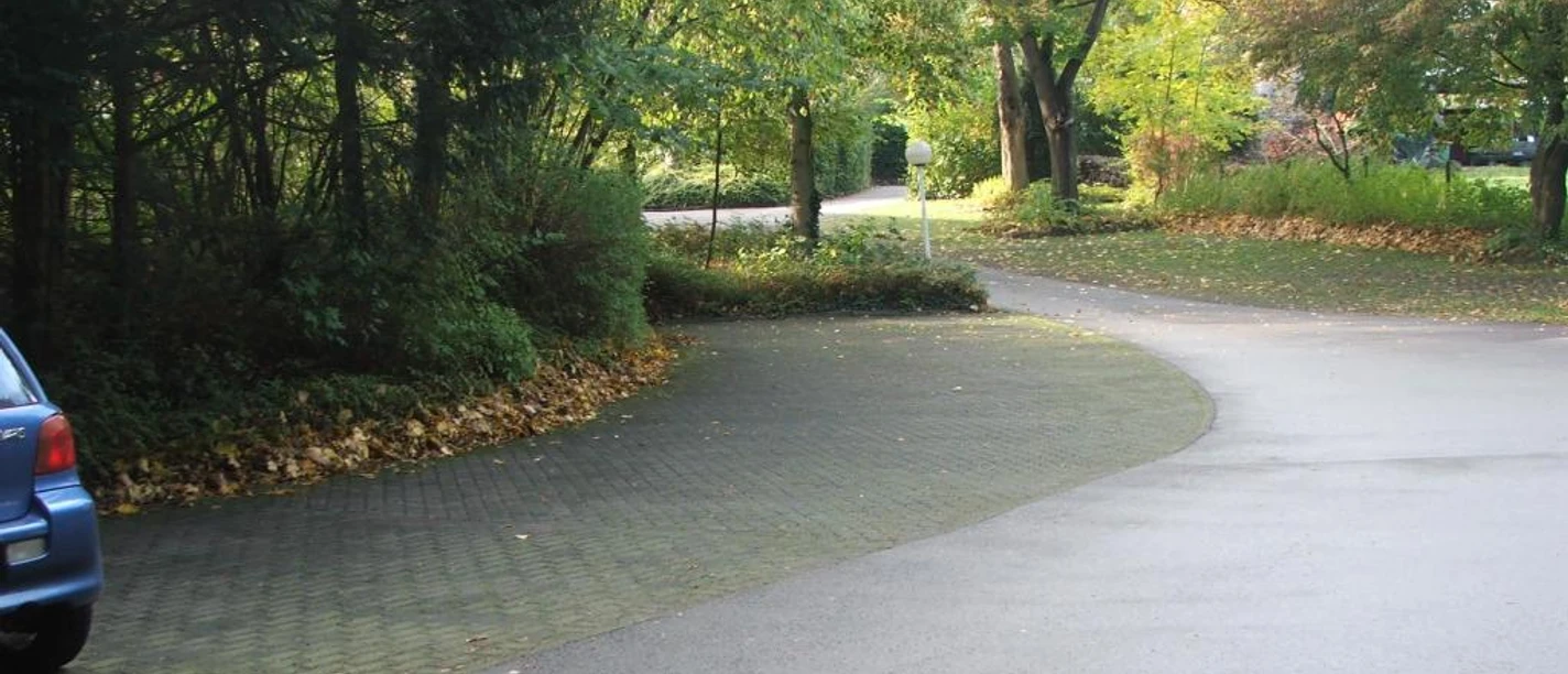 Der Parkplatz am Friedhof ist umgeben von herbstlichem Laub und bietet ausreichend Stellfläche.
