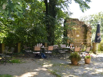 Burg Ravensberg - Biergarten Sonniger Gastgarten mit leeren Holzmöbeln, umgeben von üppigem Grün und einer alten Steinmauer im Hintergrund.