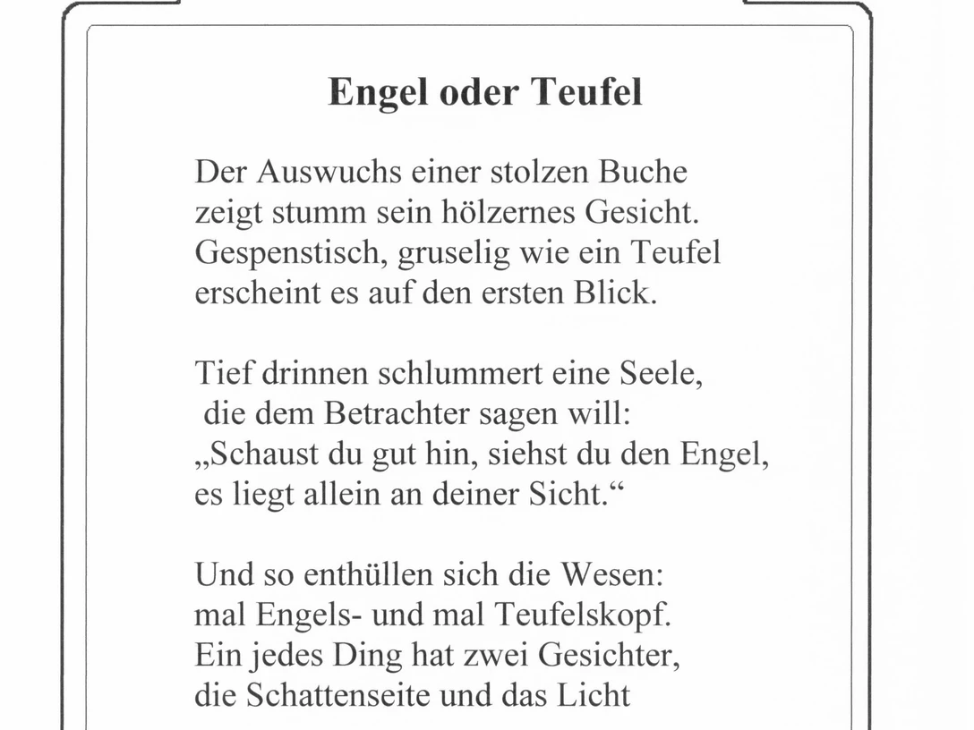 Literarische Tafel Nr. 16 zeigt "Engel oder Teufel" von Barbara Vothknecht auf einem Wanderweg.