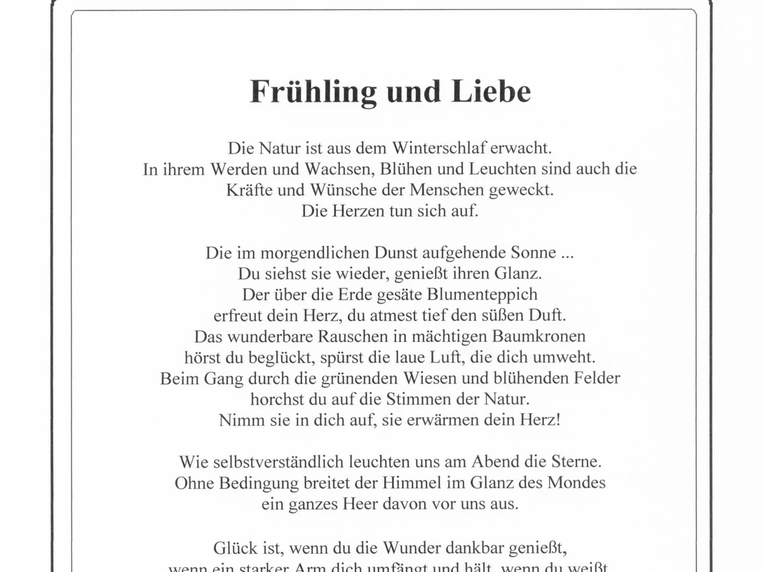 Lesestation 5 auf dem literarischen Wanderweg mit Gedicht "Frühling und Liebe" von Ruth Welsch.